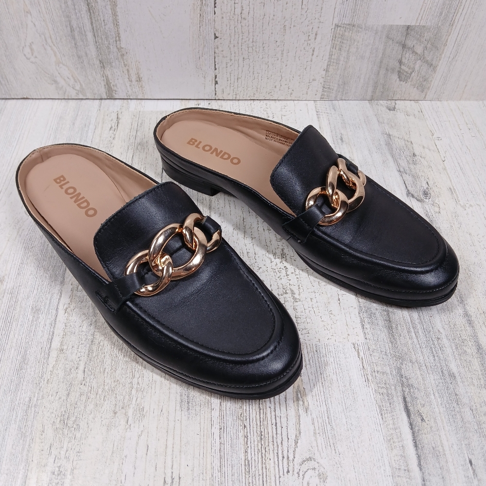 Blondo Bryce Women's Black Leather Mules with Gold Chain #1013 - Picture 4 of 11